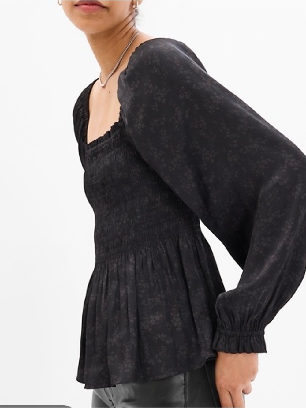 GAP Black Smocked Square-Neck Long-Sleeve Peplum Blouse